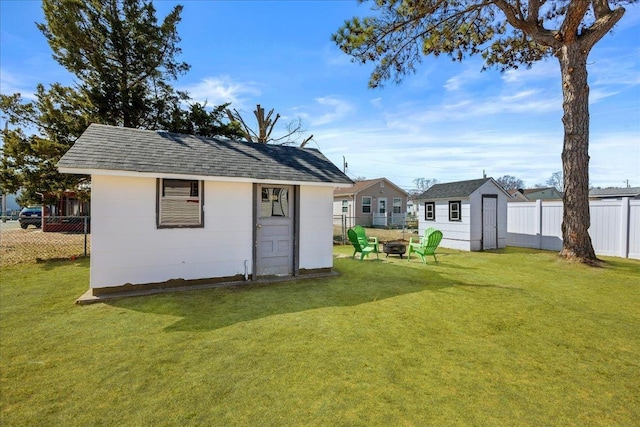 view of shed with a fenced backyard