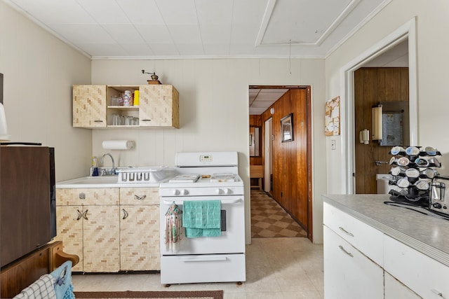 kitchen with white range with gas cooktop, ornamental molding, a sink, open shelves, and light countertops