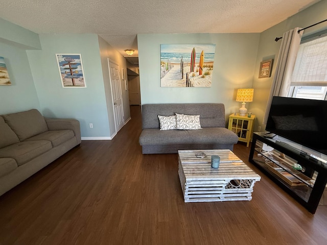 living room with baseboards, wood finished floors, and a textured ceiling