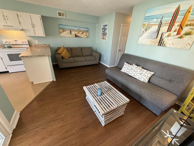living room with visible vents, dark wood-style floors, baseboards, and a textured ceiling