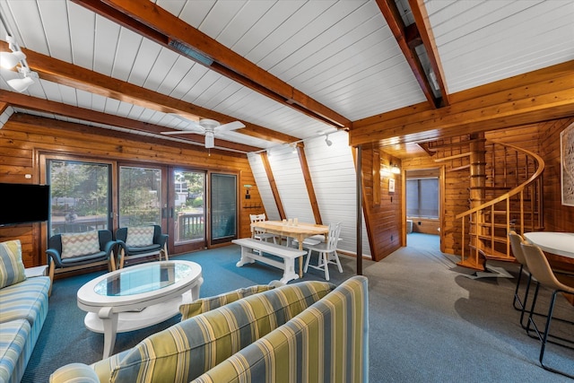 304 Alexander Ave, Cape May Point, NJ 08212 - carpeted living area featuring wood walls, stairs, a ceiling fan, and wooden ceiling with exposed beams