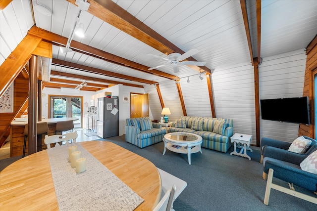 304 Alexander Ave, Cape May Point, NJ 08212 - carpeted living area with beam ceiling, ceiling fan, and wood walls