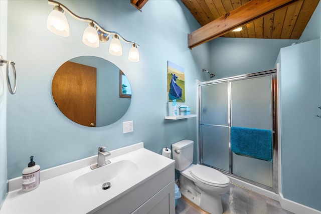 304 Alexander Ave, Cape May Point, NJ 08212 - bathroom with wooden ceiling, vanity, toilet, and a shower stall