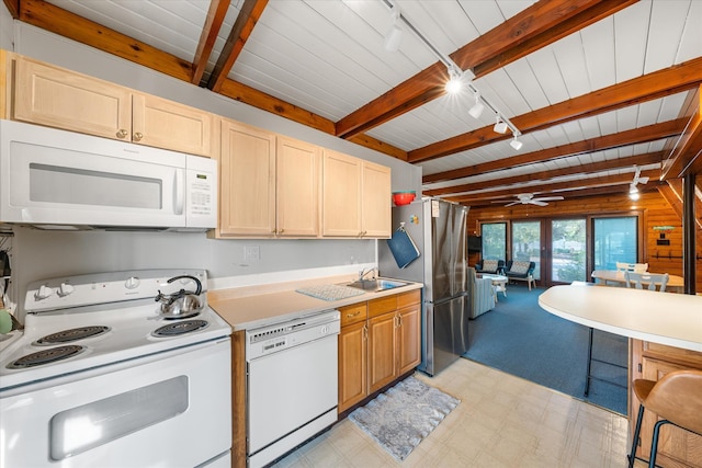 304 Alexander Ave, Cape May Point, NJ 08212 - kitchen with white appliances, a sink, light countertops, wood ceiling with exposed beams, and ceiling fan
