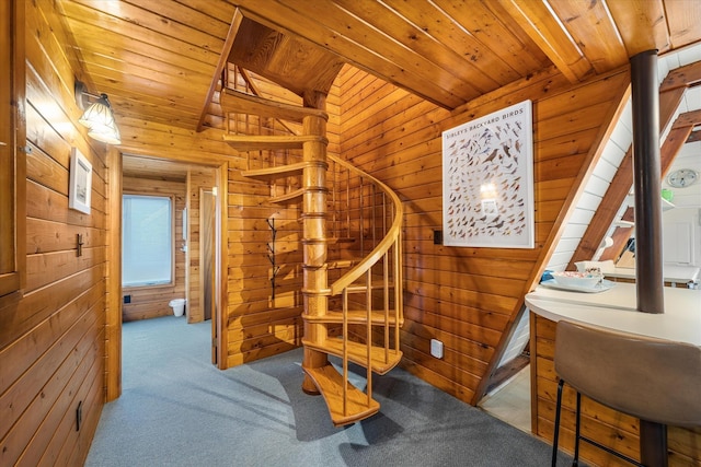 304 Alexander Ave, Cape May Point, NJ 08212 - stairs featuring wooden walls, carpet flooring, and wood ceiling