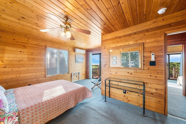 304 Alexander Ave, Cape May Point, NJ 08212 - carpeted bedroom with a wall unit AC, multiple windows, wood ceiling, access to exterior, and wooden walls