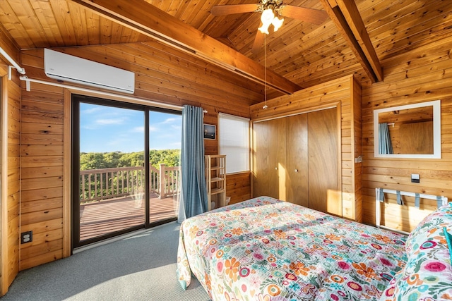 304 Alexander Ave, Cape May Point, NJ 08212 - bedroom with a wall mounted air conditioner, carpet floors, wood walls, access to outside, and wooden ceiling