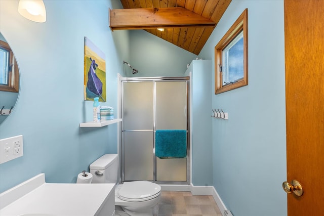 304 Alexander Ave, Cape May Point, NJ 08212 - full bath featuring wood ceiling, a stall shower, toilet, vanity, and baseboards