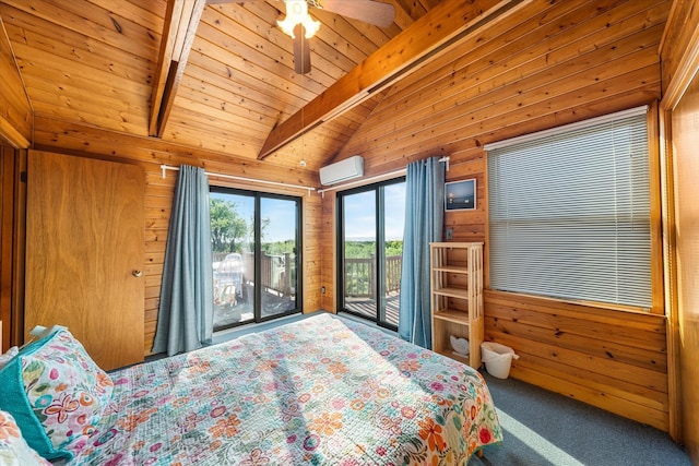 304 Alexander Ave, Cape May Point, NJ 08212 - carpeted bedroom featuring access to outside, wood walls, wooden ceiling, and a wall mounted air conditioner