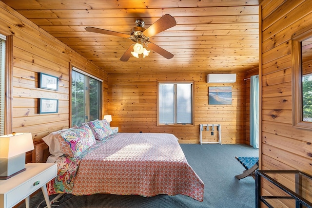 304 Alexander Ave, Cape May Point, NJ 08212 - carpeted bedroom featuring wood walls, wood ceiling, a ceiling fan, and an AC wall unit