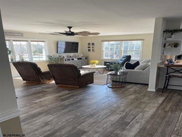 living room featuring dark wood-type flooring and ceiling fan