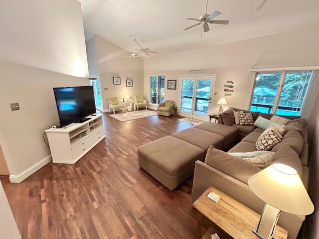 46 Summer Cir, North Cape May, NJ 08204 - living room featuring a ceiling fan, wood finished floors, and high vaulted ceiling