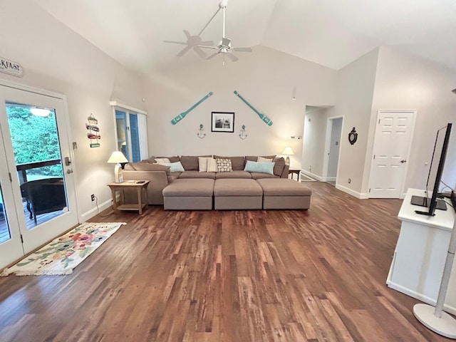 46 Summer Cir, North Cape May, NJ 08204 - living room with ceiling fan, dark wood-type flooring, and high vaulted ceiling