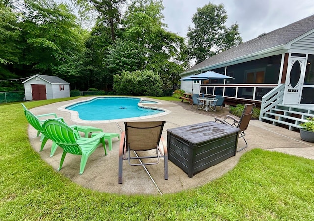 46 Summer Cir, North Cape May, NJ 08204 - outdoor pool with a sunroom, a patio area, and a storage unit