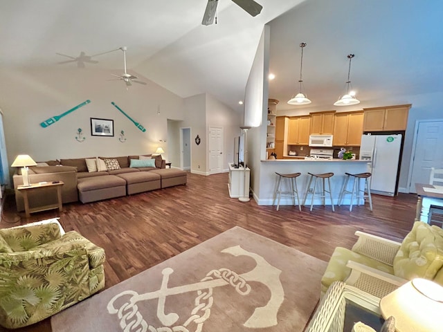46 Summer Cir, North Cape May, NJ 08204 - living area with ceiling fan, dark wood finished floors, and high vaulted ceiling