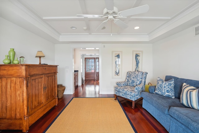 73 E 25th St, Avalon, NJ 08202 - living room with dark wood-style flooring, coffered ceiling, a ceiling fan, ornamental molding, and recessed lighting