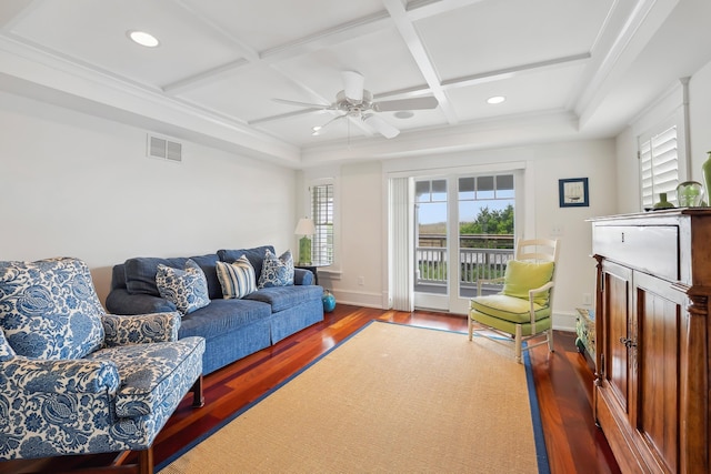 73 E 25th St, Avalon, NJ 08202 - living room featuring coffered ceiling, wood finished floors, a ceiling fan, recessed lighting, and beamed ceiling