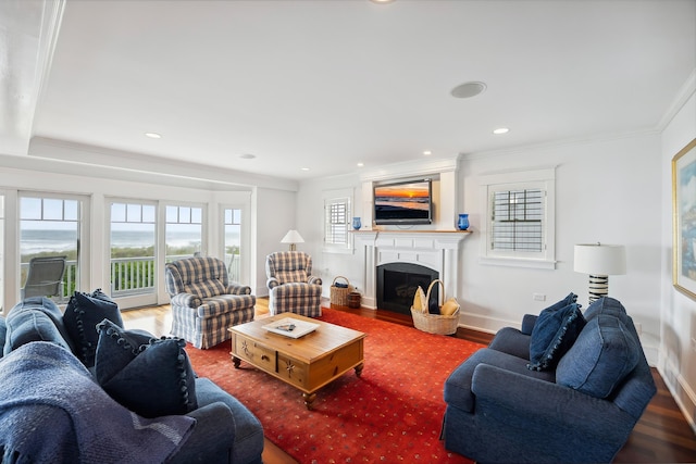 73 E 25th St, Avalon, NJ 08202 - living room with wood finished floors, ornamental molding, a fireplace, and recessed lighting