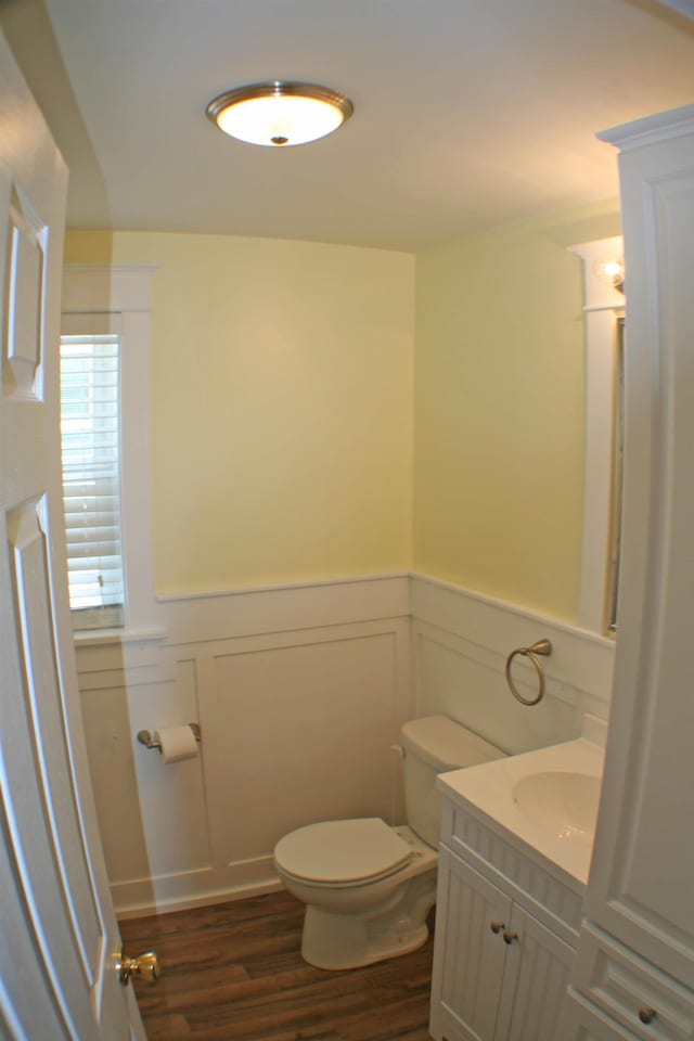 bathroom with vanity, hardwood / wood-style flooring, and toilet