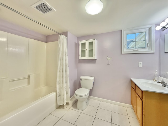 full bathroom featuring tile patterned flooring, vanity, shower / bath combination with curtain, and toilet