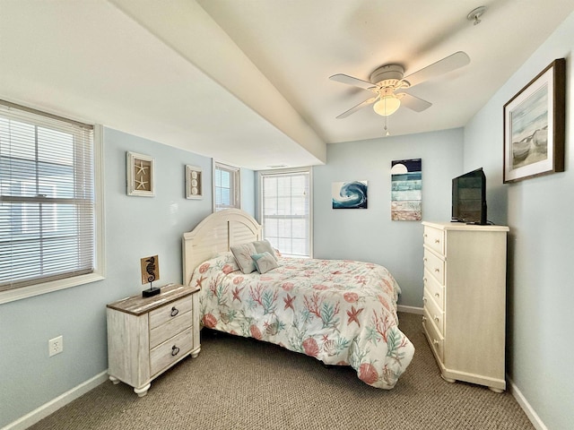 bedroom with ceiling fan and carpet