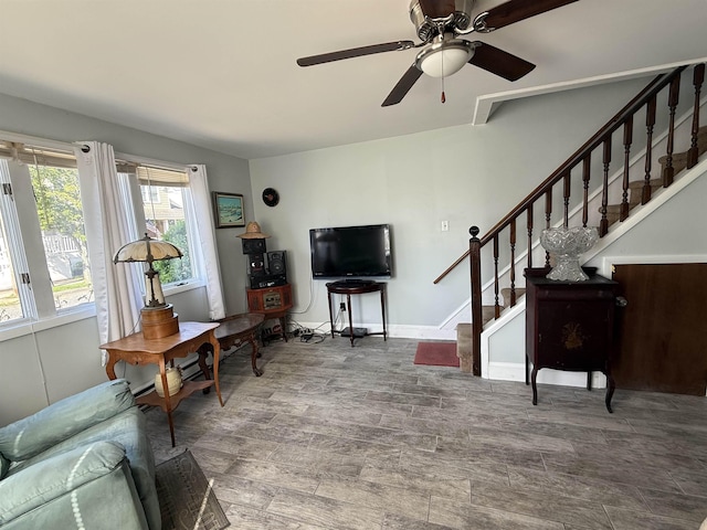 207 W Maple Ave, Wildwood, NJ 08260 - living room featuring stairway, ceiling fan, wood finished floors, and baseboards