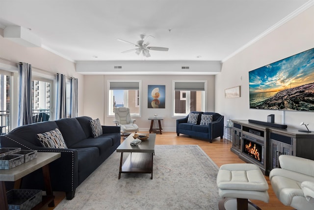 living room with ceiling fan, ornamental molding, and light hardwood / wood-style flooring