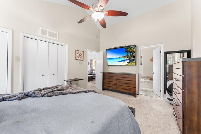 1431 Burleigh Rd, Green Creek, NJ 08210 - bedroom with high vaulted ceiling, light colored carpet, a closet, connected bathroom, and ceiling fan