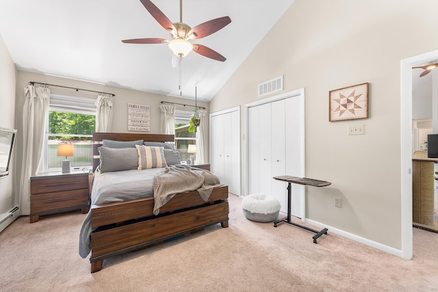 1431 Burleigh Rd, Green Creek, NJ 08210 - bedroom with light colored carpet, multiple closets, baseboards, a ceiling fan, and high vaulted ceiling