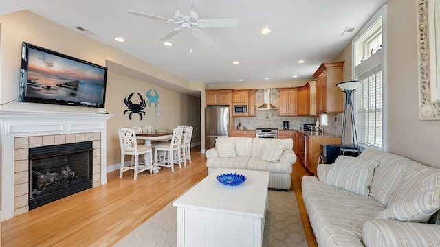 2025 Dune Dr Unit 2025, Avalon, NJ 08202 - living area with ceiling fan, light wood-style floors, recessed lighting, and a fireplace