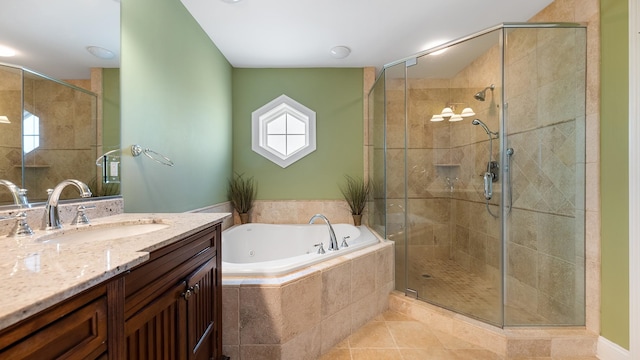 2025 Dune Dr Unit 2025, Avalon, NJ 08202 - full bathroom featuring a whirlpool tub, vanity, a stall shower, and tile patterned flooring
