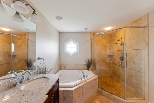 2025 Dune Dr Unit 2025, Avalon, NJ 08202 - bathroom featuring a whirlpool tub, vanity, a stall shower, and tile patterned floors