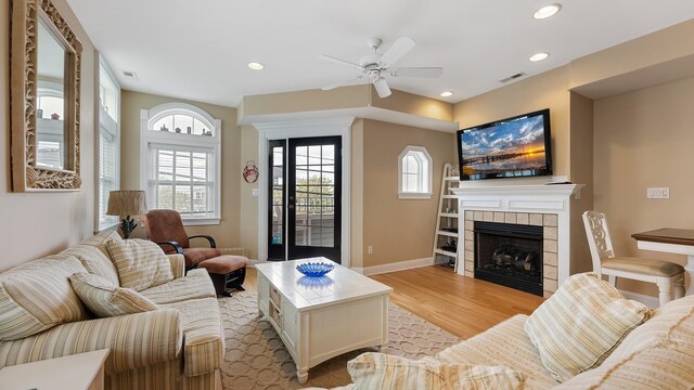 2025 Dune Dr Unit 2025, Avalon, NJ 08202 - living area with a ceiling fan, a tile fireplace, light wood-style flooring, and recessed lighting