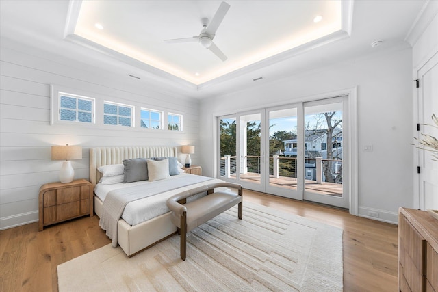 274 106th St, Stone Harbor, NJ 08247 - bedroom featuring a raised ceiling, access to outside, light wood-type flooring, recessed lighting, and a ceiling fan