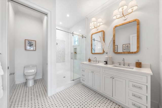 bathroom with a shower with door, vanity, and toilet