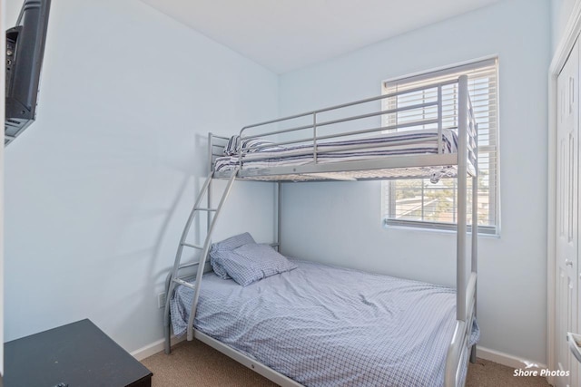 bedroom featuring carpet flooring and a closet