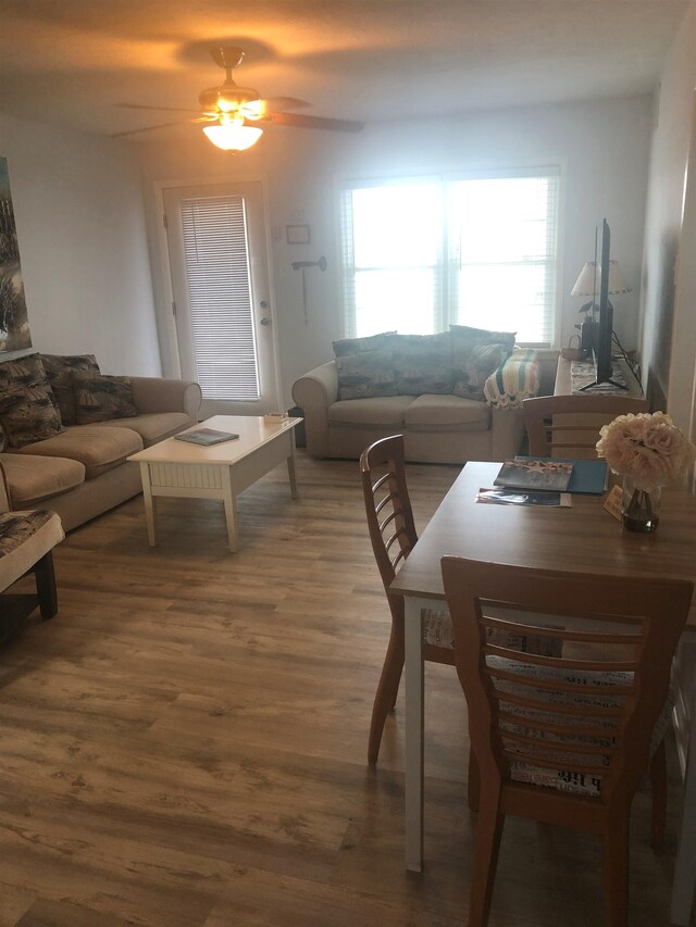 living room with dark hardwood / wood-style flooring and ceiling fan