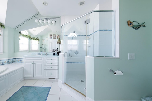 2404 Atlantic Ave, Longport, NJ 08403 - bathroom with a bath, vanity, a shower stall, lofted ceiling, and tile patterned floors