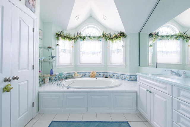 2404 Atlantic Ave, Longport, NJ 08403 - full bath with tile patterned floors, lofted ceiling, a bath, and vanity