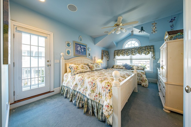 2404 Atlantic Ave, Longport, NJ 08403 - bedroom featuring multiple windows, dark colored carpet, vaulted ceiling, access to outside, and a ceiling fan