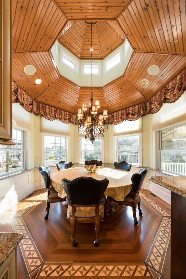 2404 Atlantic Ave, Longport, NJ 08403 - dining space featuring wood ceiling, a chandelier, and high vaulted ceiling