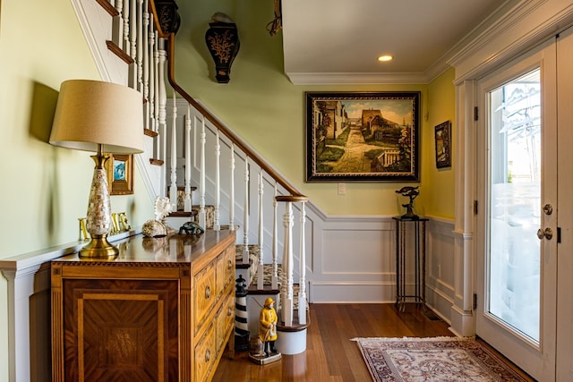 2404 Atlantic Ave, Longport, NJ 08403 - foyer featuring dark wood-style flooring, stairway, wainscoting, ornamental molding, and a decorative wall