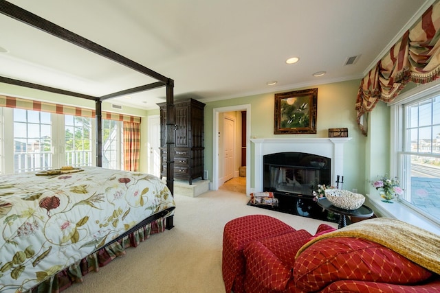 2404 Atlantic Ave, Longport, NJ 08403 - bedroom featuring crown molding, access to exterior, carpet, a fireplace with flush hearth, and recessed lighting