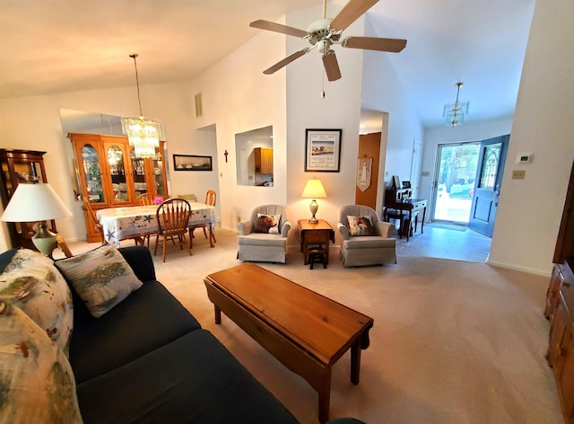 20 Summer Cir, North Cape May, NJ 08204 - carpeted living area featuring a chandelier, ceiling fan, and high vaulted ceiling