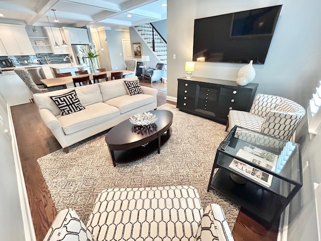 847 Broadway Unit 8, West Cape May, NJ 08204 - living area with stairway, coffered ceiling, wood finished floors, beamed ceiling, and baseboards