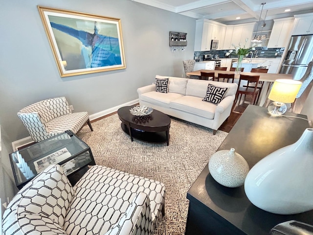 847 Broadway Unit 8, West Cape May, NJ 08204 - living area featuring recessed lighting, beam ceiling, baseboards, wood finished floors, and coffered ceiling