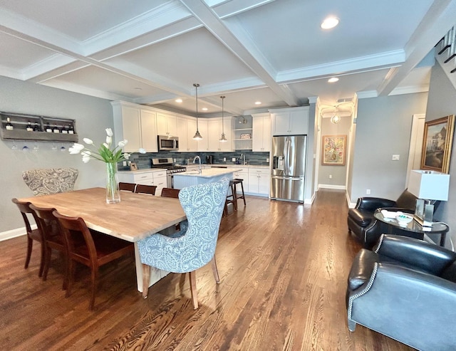 847 Broadway Unit 8, West Cape May, NJ 08204 - dining room featuring coffered ceiling, dark wood-type flooring, beam ceiling, baseboards, and recessed lighting