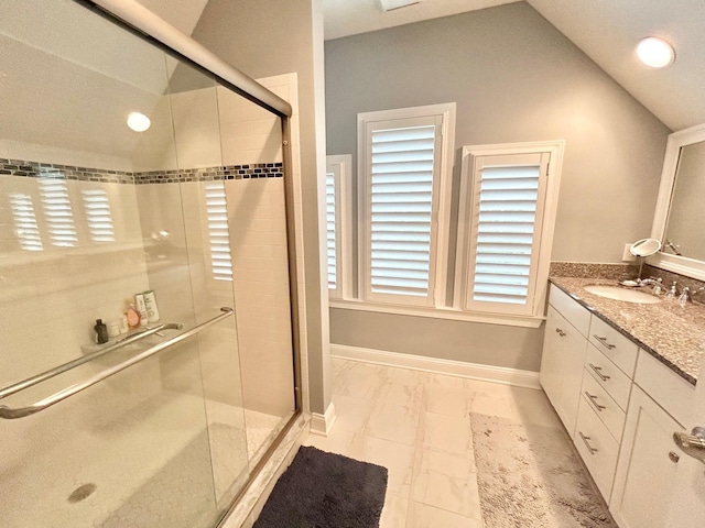 847 Broadway Unit 8, West Cape May, NJ 08204 - full bath featuring a shower stall, vanity, vaulted ceiling, marble look tile flooring, and healthy amount of natural light