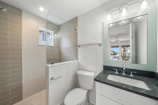 286 75th St, Avalon, NJ 08202 - full bath featuring walk in shower, toilet, vanity, ceiling fan, and recessed lighting