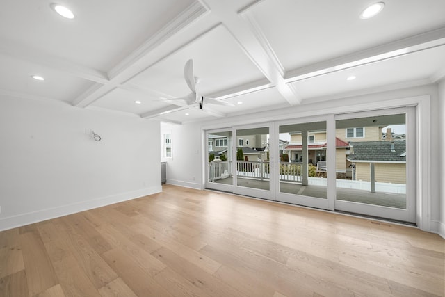 286 75th St, Avalon, NJ 08202 - unfurnished living room featuring ceiling fan, baseboards, coffered ceiling, light wood finished floors, and beam ceiling